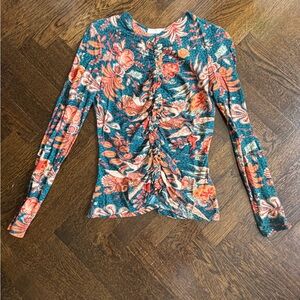 Ulla Johnson Ruched Long-Sleeve Top in Teal and Coral